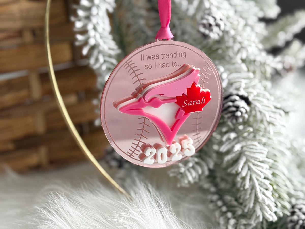 Pink Baseball Ornament | Baseball Christmas Decor | Acrylic Sports Fan Gift | Canadian Baseball Tree Ornament| Blue Jays| Bandwagon