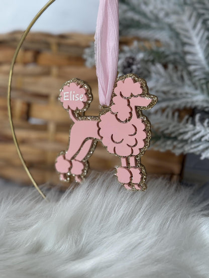 Personalized Pink Poodle Ornament | Custom Dog Ornament | Glitter Acrylic Christmas Decor | Elegant Pet Keepsake Gift