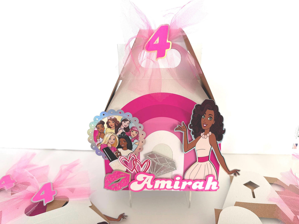 Barbie Inspired Gable Boxes • Personalized Birthday Favor Boxes • Custom 3D Party Boxes • Pink Doll Party Favors • Girl Birthday Goodie Bags