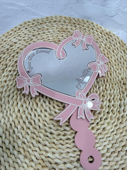 Personalized Heart Handheld Mirror for Girls Valentine Gift Custom Name Acrylic Hand Mirror Bow Design Kids Valentine Gift Party Favor