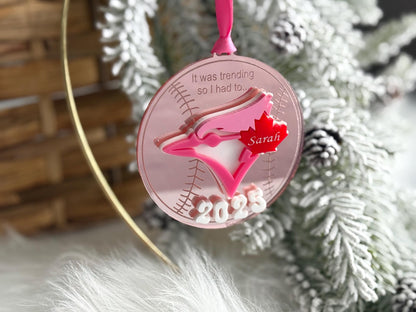 Pink Baseball Ornament | Baseball Christmas Decor | Acrylic Sports Fan Gift | Canadian Baseball Tree Ornament| Blue Jays| Bandwagon