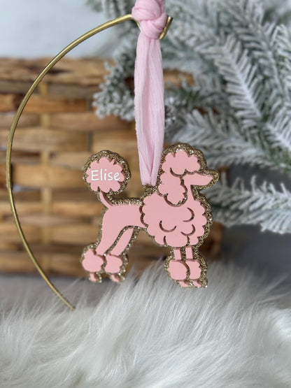 Personalized Pink Poodle Ornament | Custom Dog Ornament | Glitter Acrylic Christmas Decor | Elegant Pet Keepsake Gift
