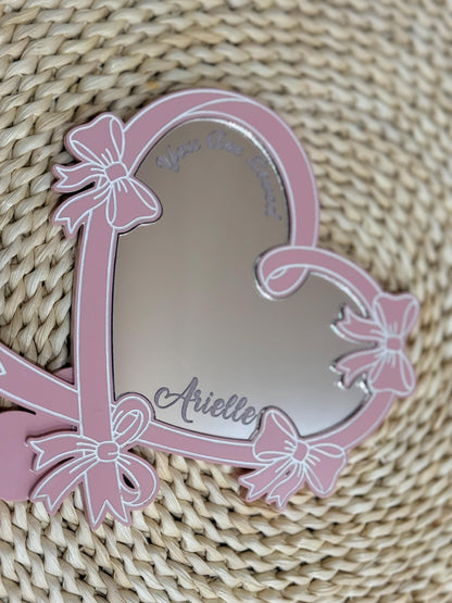 Personalized Heart Handheld Mirror for Girls Valentine Gift Custom Name Acrylic Hand Mirror Bow Design Kids Valentine Gift Party Favor