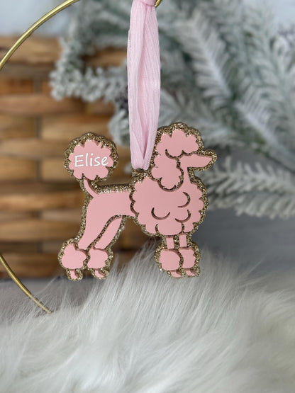 Personalized Pink Poodle Ornament | Custom Dog Ornament | Glitter Acrylic Christmas Decor | Elegant Pet Keepsake Gift