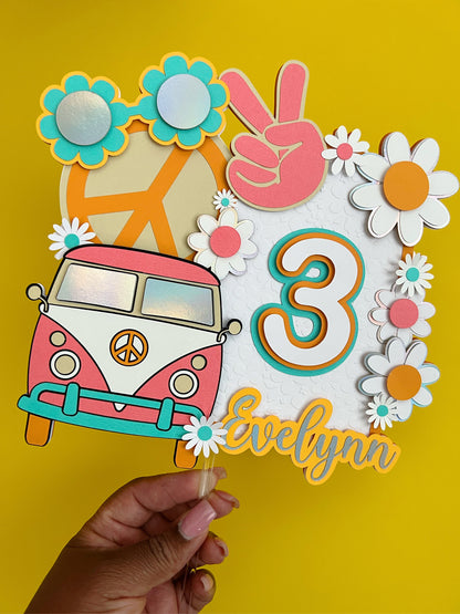 Groovy Retro Hippie Flower Power Personalized Name Cake Topper - Party Decoration- Birthday, Birthday Party