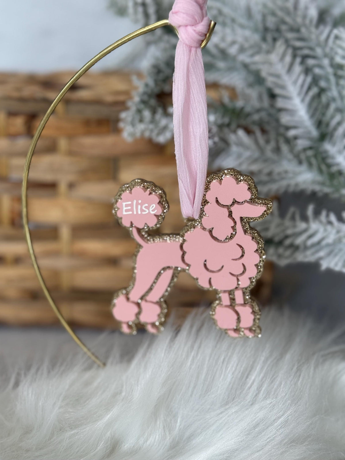 Personalized Pink Poodle Ornament | Custom Dog Ornament | Glitter Acrylic Christmas Decor | Elegant Pet Keepsake Gift