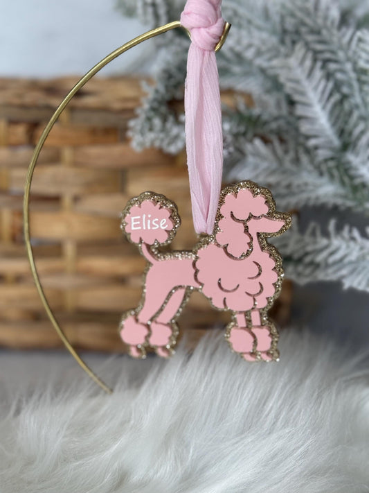 Personalized Pink Poodle Ornament | Custom Dog Ornament | Glitter Acrylic Christmas Decor | Elegant Pet Keepsake Gift