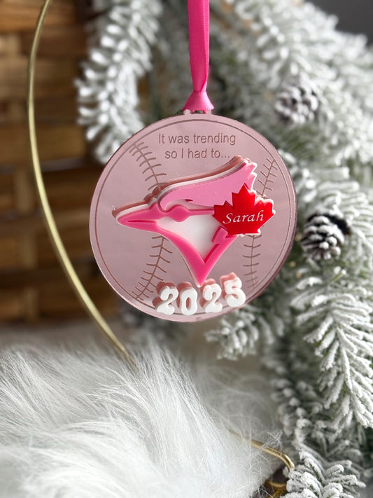 Pink Baseball Ornament | Baseball Christmas Decor | Acrylic Sports Fan Gift | Canadian Baseball Tree Ornament| Blue Jays| Bandwagon