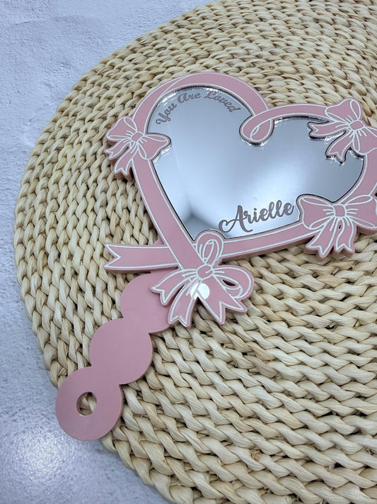 Personalized Heart Handheld Mirror for Girls Valentine Gift Custom Name Acrylic Hand Mirror Bow Design Kids Valentine Gift Party Favor