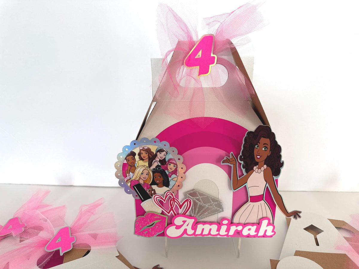 Barbie Inspired Gable Boxes • Personalized Birthday Favor Boxes • Custom 3D Party Boxes • Pink Doll Party Favors • Girl Birthday Goodie Bags