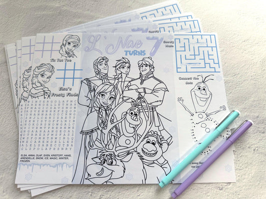 Frozen Inspired Coloring Activity Set | Elsa Anna Olaf Coloring Pages | Kids Party Favor Activity Pack | Winter Birthday Games